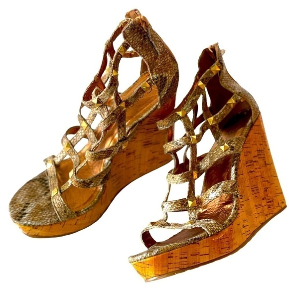 Coconuts Womens Wedge Sandals Platform Heels Gold Studs Cork Snakeskin, Sz 8M - Picture 1 of 11